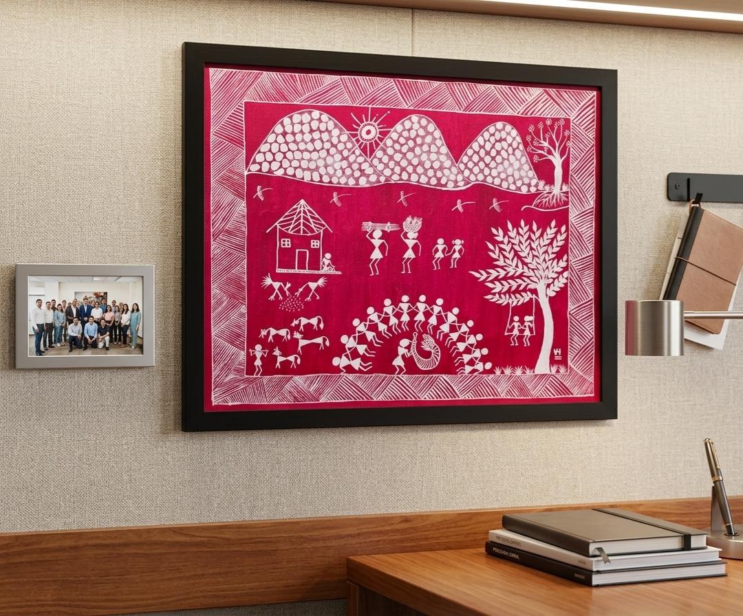 Village Harmony Canvas Painting (Red background)
