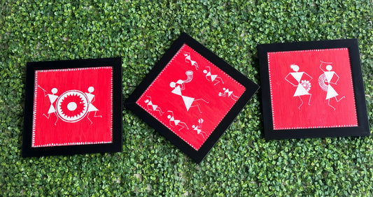Red Canvas 3-Piece Warli Painting