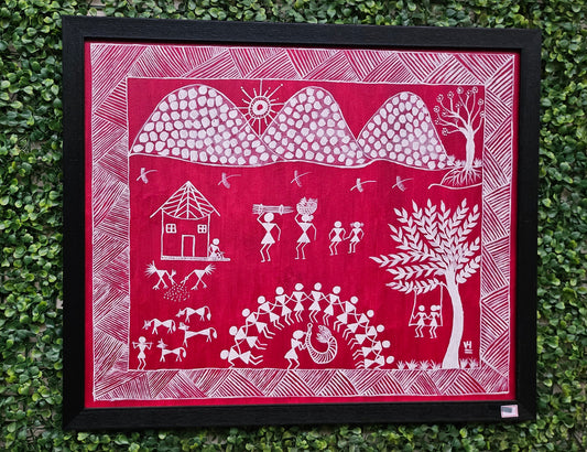 Village Harmony Canvas Painting (Red background)